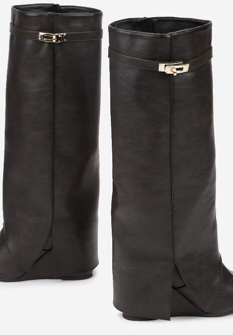 Brązowe Kozaki na Koturnie z Cholewką Imitującą Nogawkę z Aplikacją Testarria