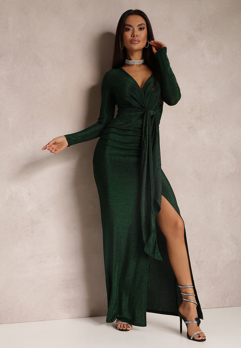 Zielona Sukienka z Kopertowym Dekoltem Błyszcząca z Marszczeniem Umoria