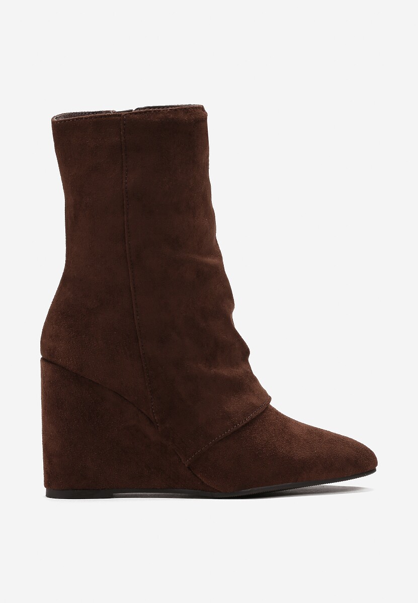 Ciemnobrązowe Kozaki na Koturnie ze Szpiczastym Noskiem Arwona