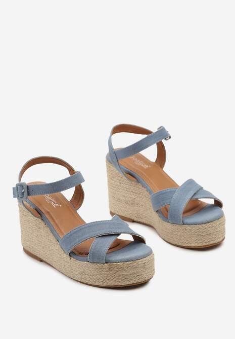 Niebieskie Casualowe Sandały na Koturnie w Stylu Boho Zapinane przy Kostce Vilennia