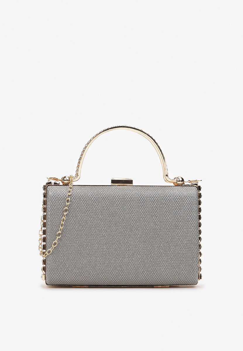 Szara Brokatowa Torebka z Metalowymi Rączkami i Dodatkowym Łańcuszkiem Edwarda