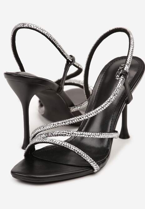 Czarne Sandały Vices na Szpilce Ozdobione Paskami z Cyrkoniami Tilarea