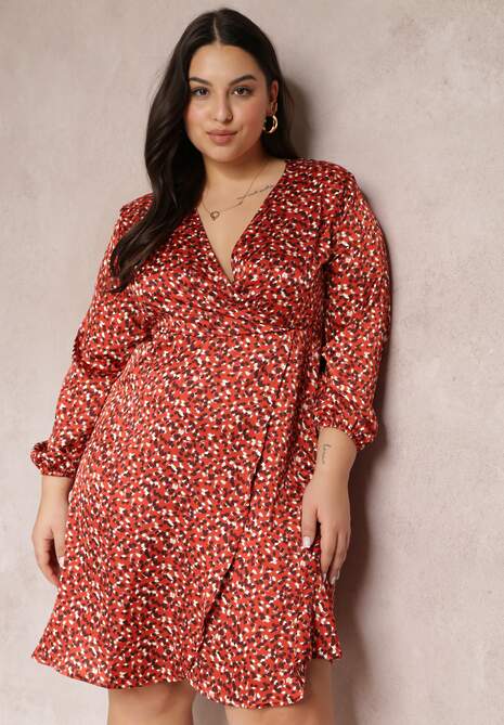 Czerwona Sukienka Kopertowa z Gumką w Pasie Levo