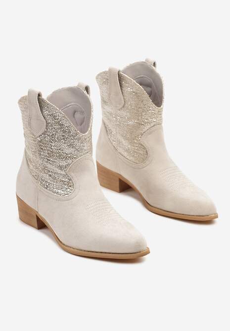 Jasnobeżowe Botki Typu Kowbojki na Niskim Obcasie Elearisha