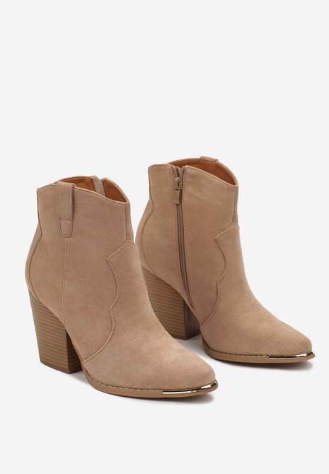Ciemnobeżowe Botki na Stożkowym Obcasie w Stylu Kowbojek Ellite