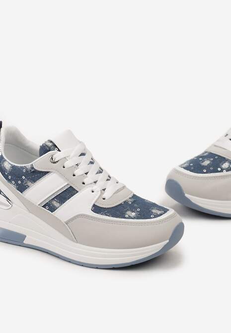 Niebieskie Sneakersy z Cekinami i Brokatem na Grubej Podeszwie Mabirra