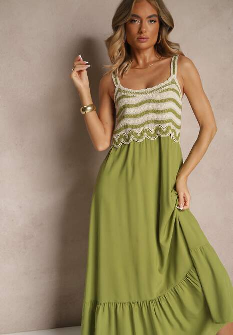 Zielona Wiskozowa Sukienka z Haftami na Ramiączkach o Rozkloszowanym Kroju Efralisse