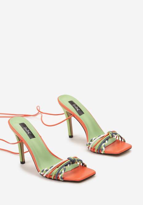 Pomarańczowe Sandały na Szpilce z Ozdobnym Wiązaniem przy Kostce Jocelinna