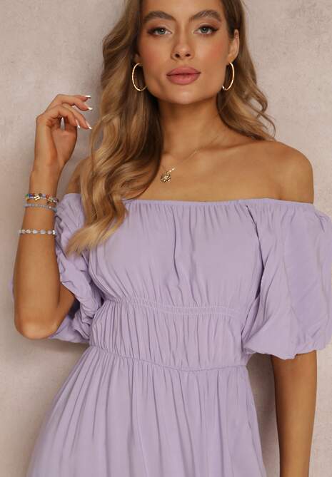 Fioletowa Sukienka Midi Hiszpanka z Wiskozy z Odkrytymi Ramionami i Gumką w Talii Tasete