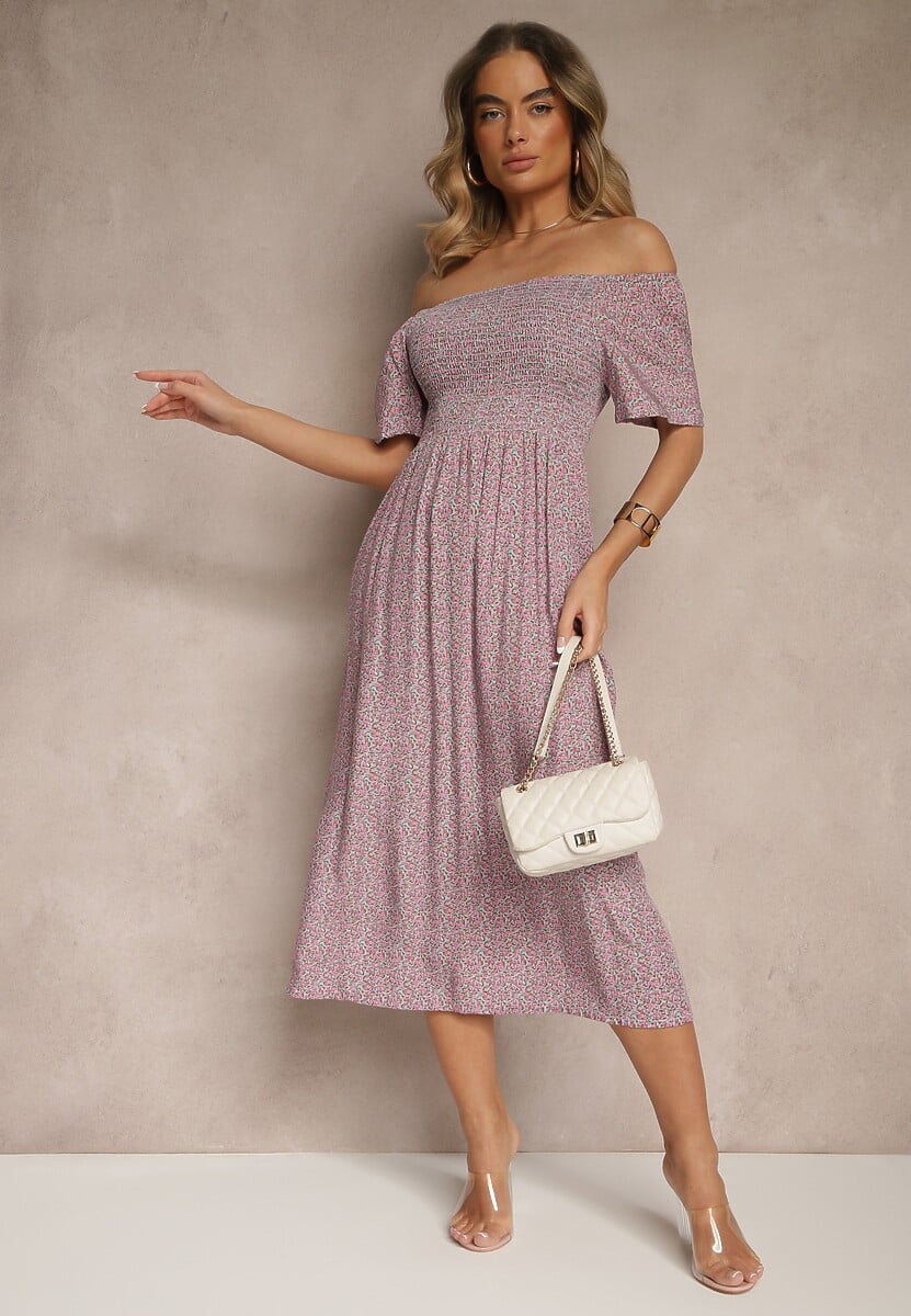 Różowa Bawełniana Sukienka Hiszpanka o Rozkloszowanym Kroju w Kwiaty Sadique