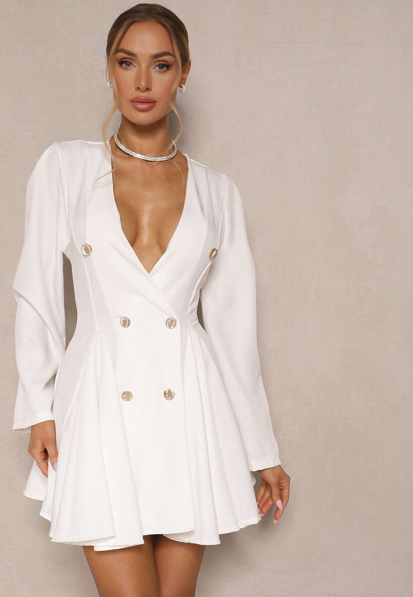 Biała Rozkloszowana Sukienka o Fasonie Marynarki z Ozdobnymi Guzikami Florlio