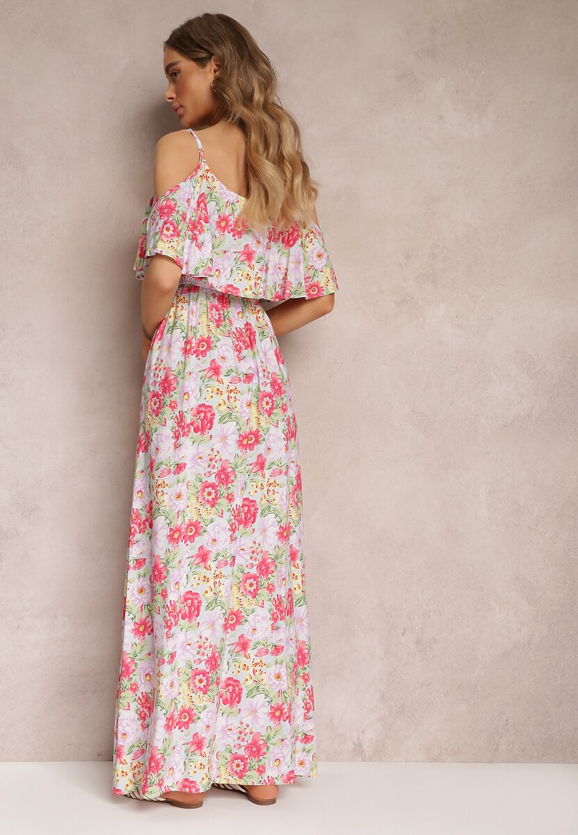 Biało-Czerwona Sukienka Maxi Bawełniana w Kwiaty z Falbanką Saranna