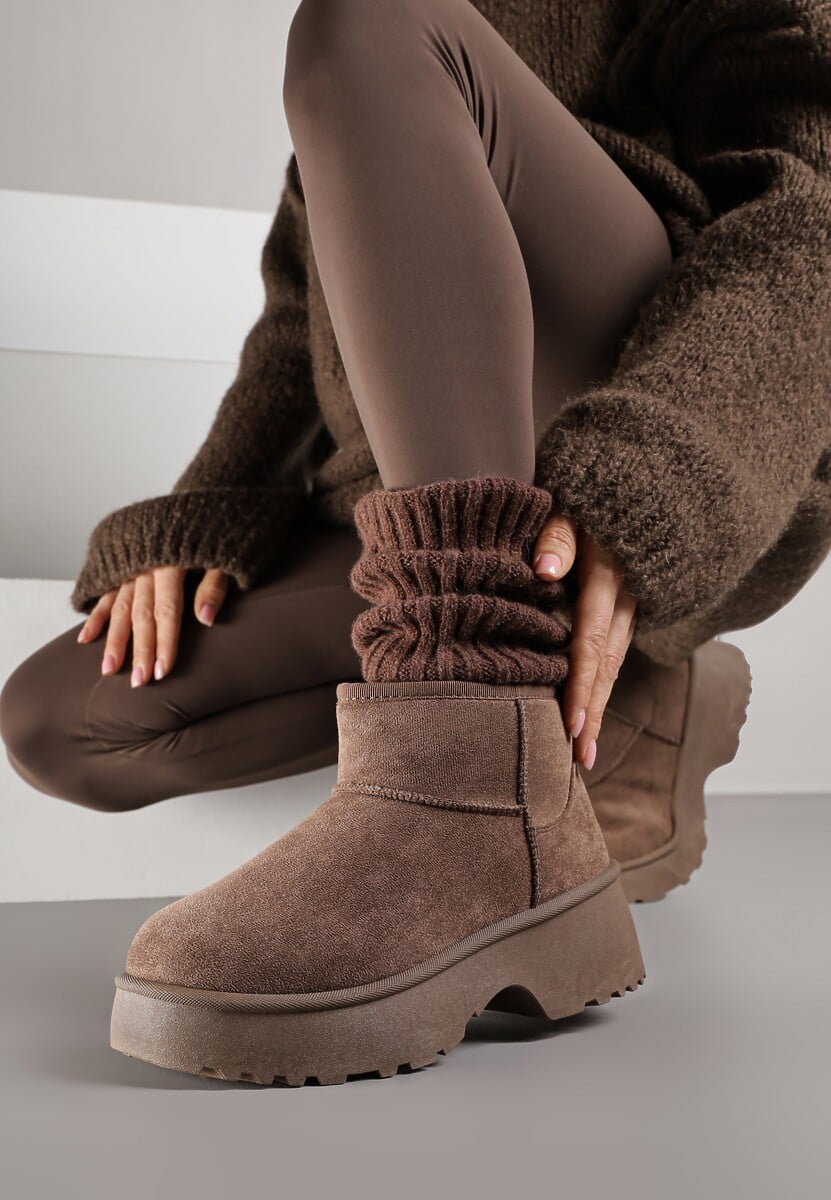 Brązowe Śniegowce z Imitacji Zamszu o Wsuwanym Fasonie na Platformie Reilessa