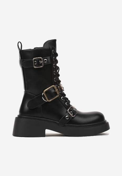 Czarne Botki Typu Workery z Cholewką Ozdobioną Paskami ze Sprzączkami Leamithra