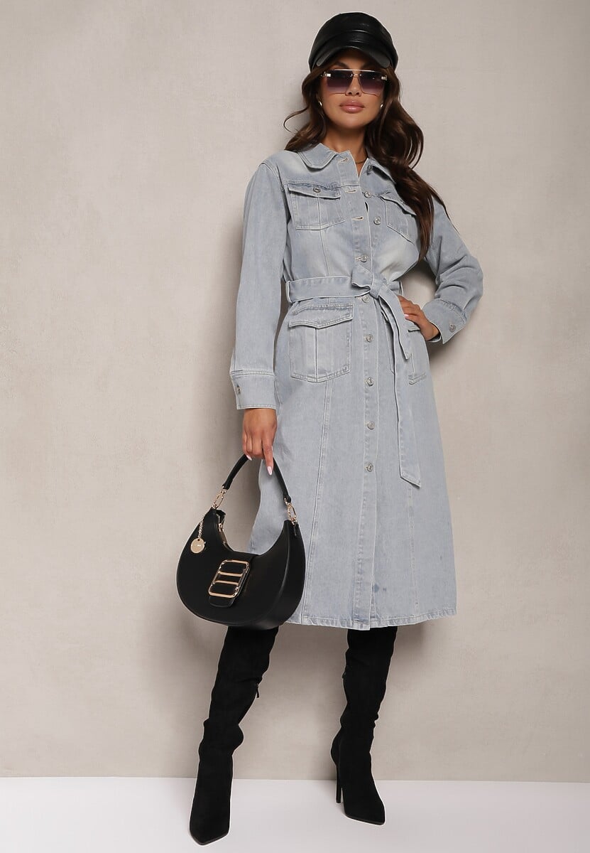 Jasnoniebieska Bawełniana Sukienka Jeansowa o Koszulowym Fasonie z Paskiem i Kieszeniami Dettia