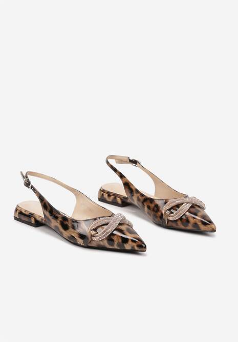 Brązowe Sandały w Panterkę na Płaskiej Podeszwie z Odkrytą Piętą i Kokardą z Cyrkonii Helfedi