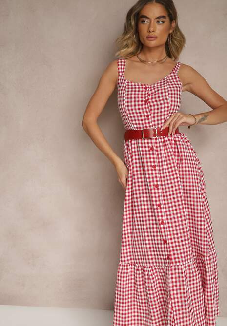 Czerwona Sukienka w Kratkę Vichy z Guziczkami Lenivelle