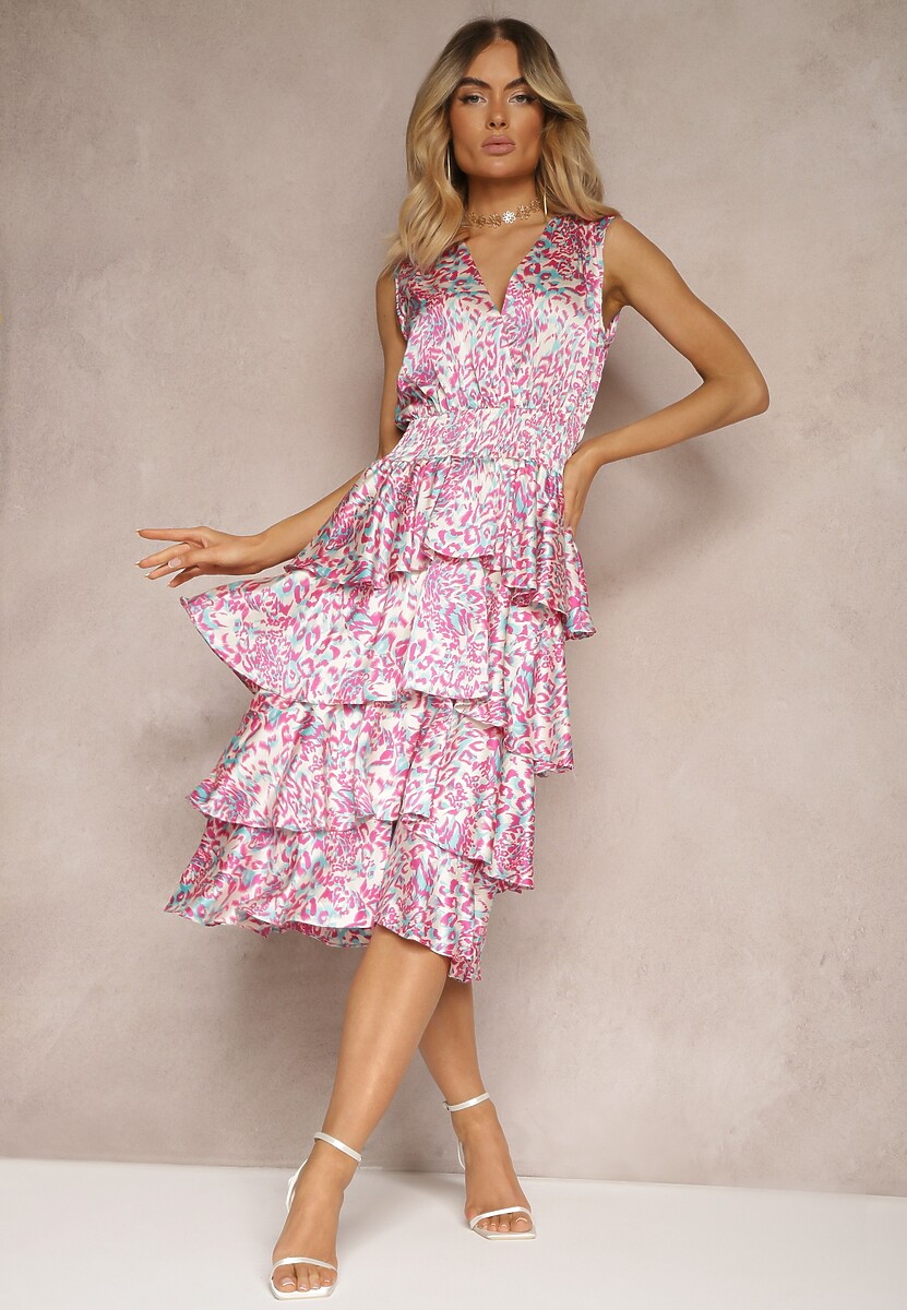 Niebieska Kopertowa Sukienka z Gumką w Talii i Falbankami Dimolla