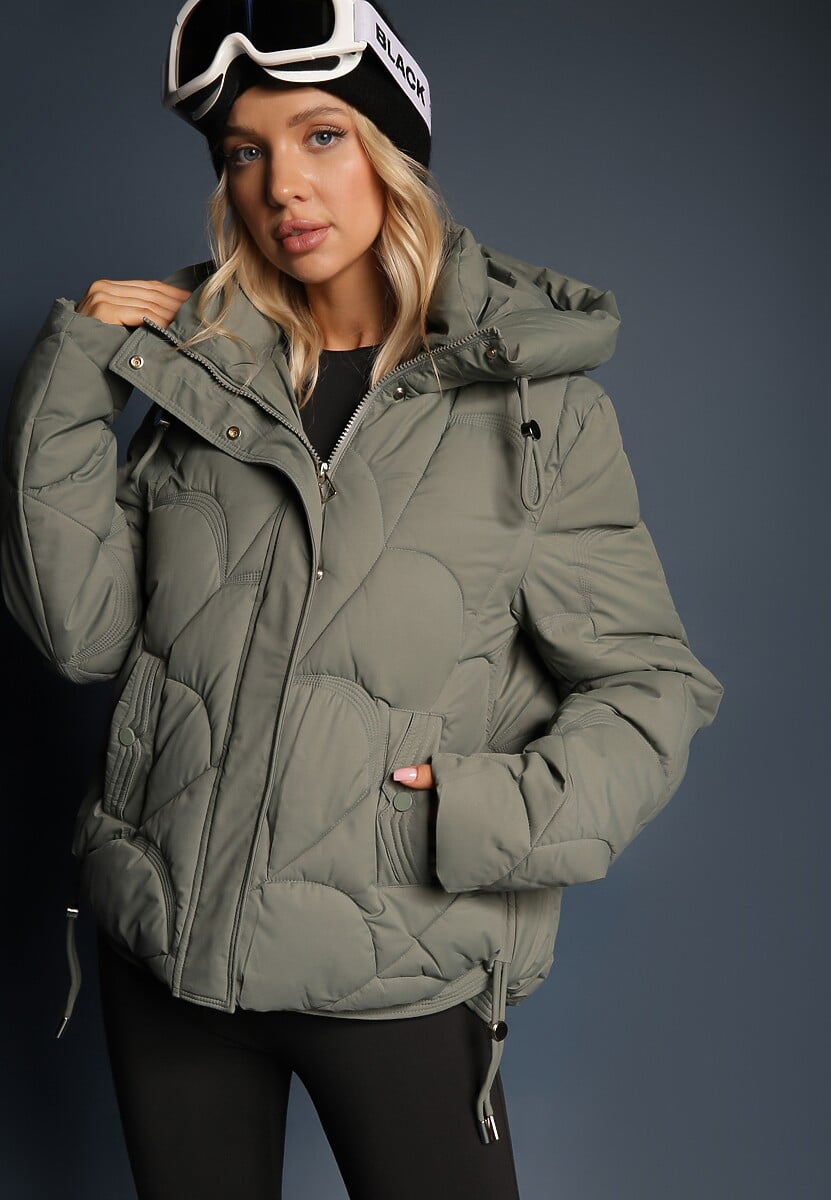 Ciemnozielona Pudełkowa Kurtka Zdobiona Pikowanymi Przeszyciami z Kapturem i Ściągaczami Ziasha