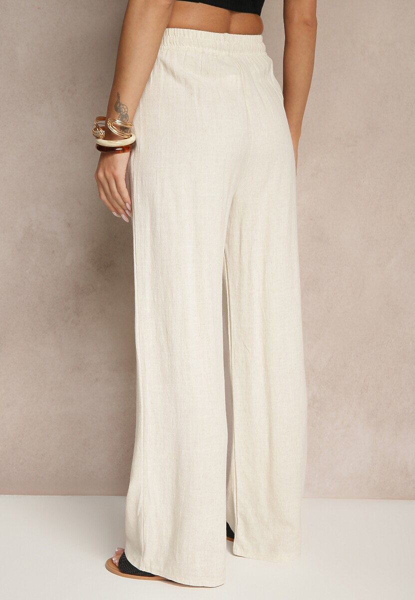Jasnobeżowe Lniane Spodnie High Waist z Wiskozą o Szerokim Fasonie Zellimia