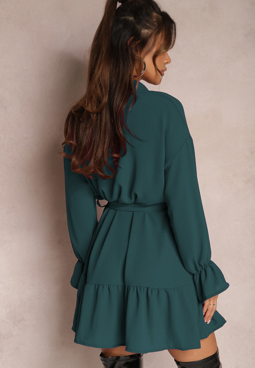 Ciemnozielona Koszulowa Sukienka Mini z Falbanką i Wiązanym Paskiem Blisotta