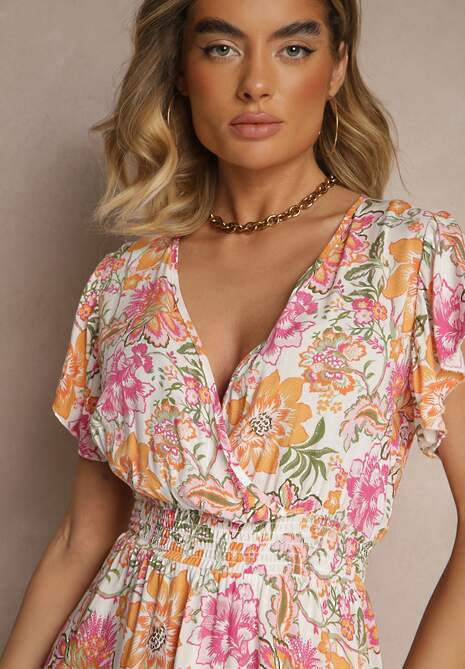 Pomarańczowa Kwiatowa Kopertowa Sukienka z Bawełny Ulosiana