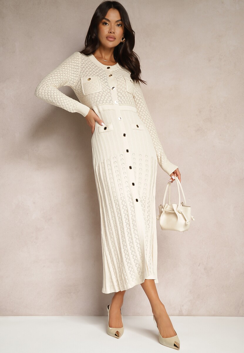 Beżowa Dzianinowa Sukienka Ażurowa z Metalicznymi Napami Maviore