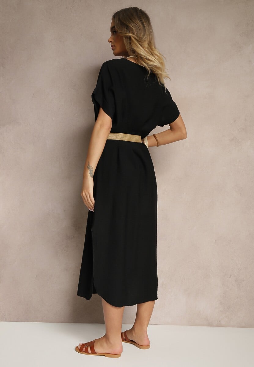 Czarna Pudełkowa Sukienka z Wiskozy z Dekoltem V Paskiem i Rozcięciami po Bokach Soniloria