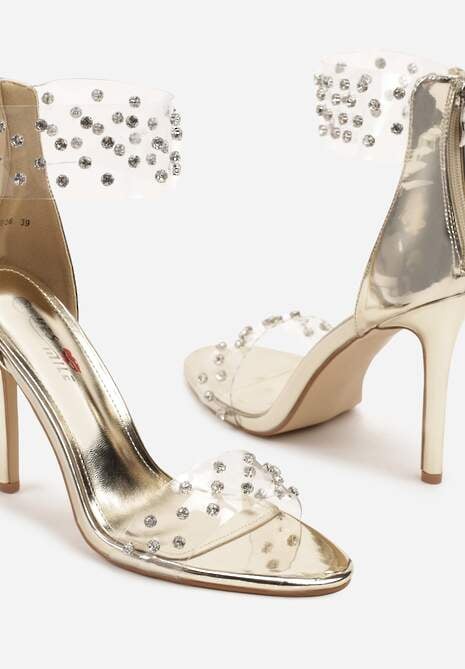 Złote Sandały na Szpilce Ozdobione Przezroczystymi Paskami i Cyrkoniami Lioleva