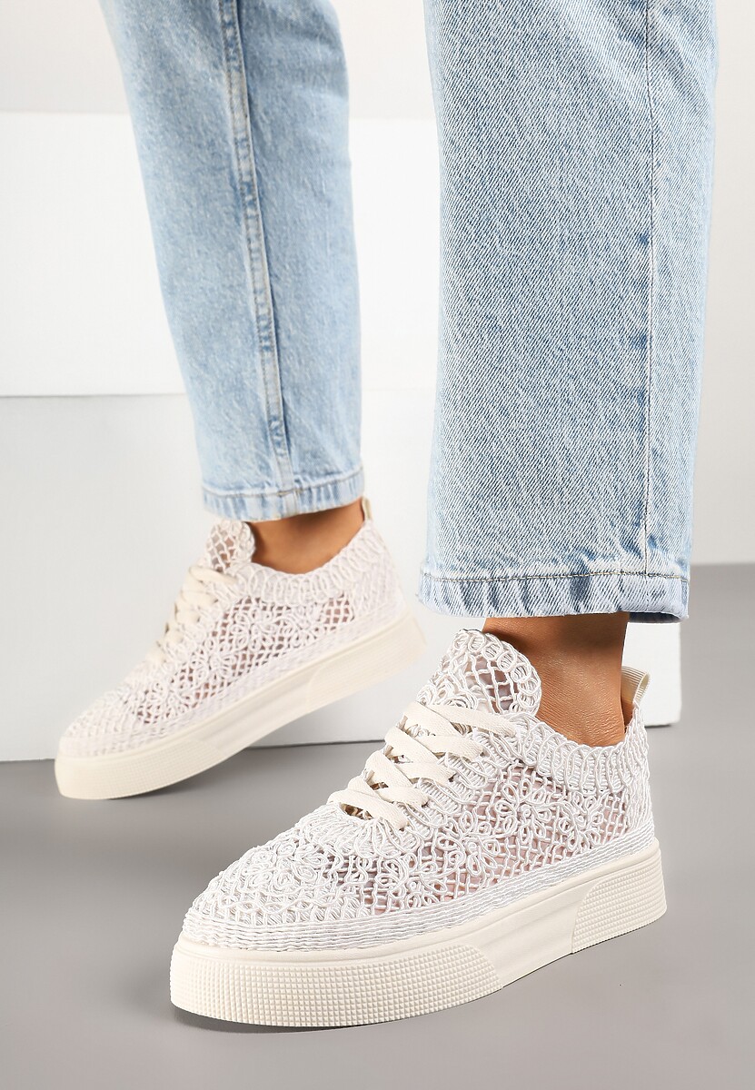 Beżowe Sneakersy z Ażurowej Koronki na Grubej Podeszwie Nanessia
