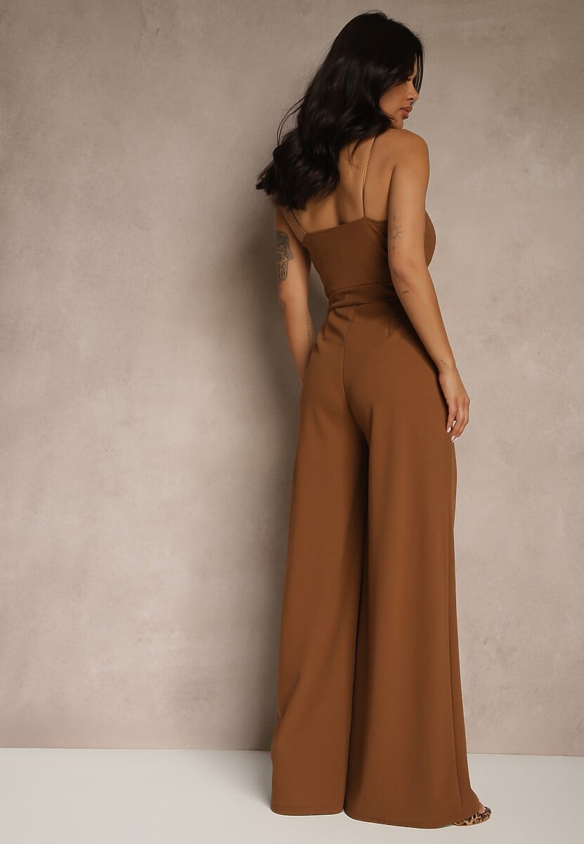 Brązowy Kombinezon na Cienkich Ramiączkach z Kopertowym Dekoltem i Szerokimi Nogawkami Jovantia