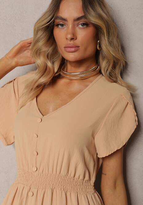 Ciemnobeżowa Rozkloszowana Sukienka z Gumkami w Talii z Guzikami i Rozcięciem Gafia