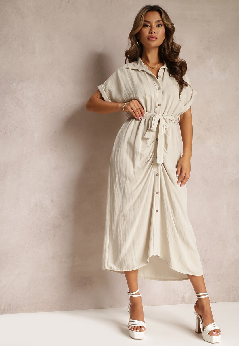 Jasnobeżowa Wiskozowa Sukienka Midi w Koszulowym Stylu z Gumką w Talii Paislli