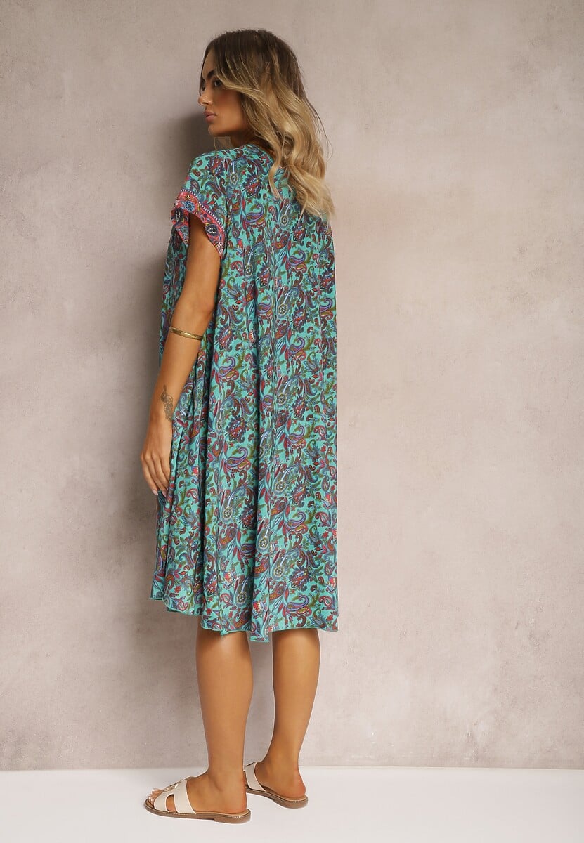 Zielona Rozkloszowana Sukienka z Wiskozy w Kwiaty Rivanira