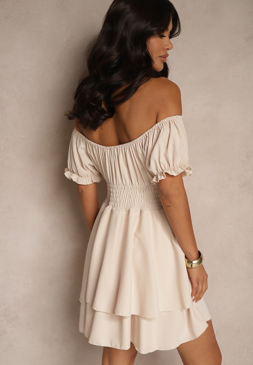 Beżowa Sukienka z Bawełną Ozdobiona Falbankami  i Bufkami Mavilare