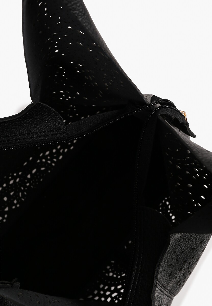 Czarna Torebka Hobo Zdobiona Ażurową Perforacją z Dodatkową Saszetką Frolana