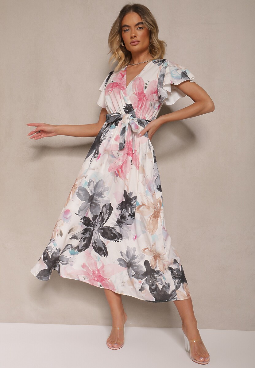 Fuksjowa Kopertowa Sukienka z Wiązanym Paskiem w Kwiatowy Wzór Redellira