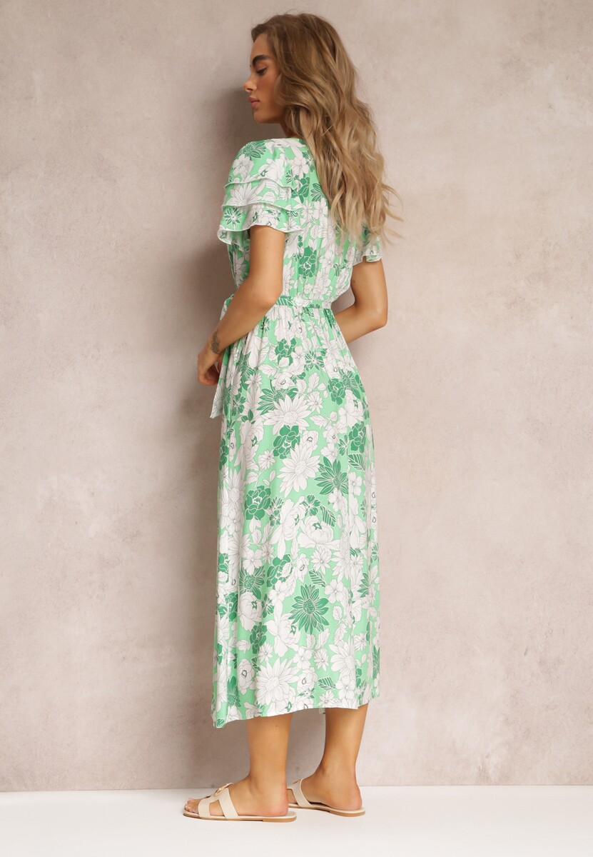 Zielona Sukienka z Wiskozy w Kwiaty z Wiązanym Paskiem Malore