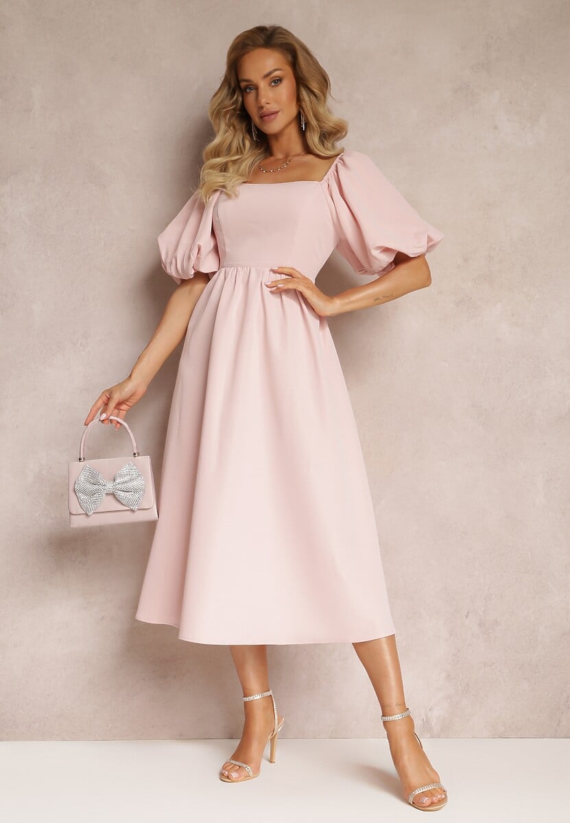 Beżowa Midi Sukienka o Rozkloszowanym Fasonie z Kwadratowym Dekoltem i Bufiastymi Rękawami Briakke