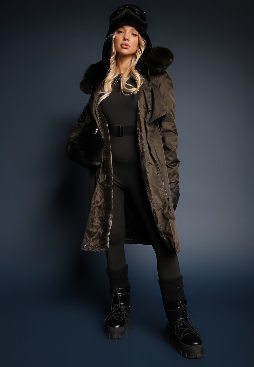 Zielona Kurtka Płaszcz ze Ściągaczem i Kapturem z Ozdobnym Futerkiem Livieya