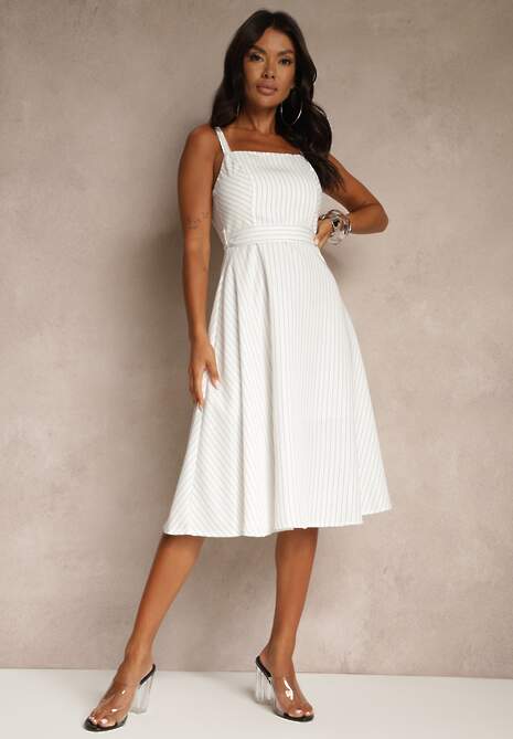 Biała Rozkloszowana Sukienka z Wiskozą w Paski Dolavessa