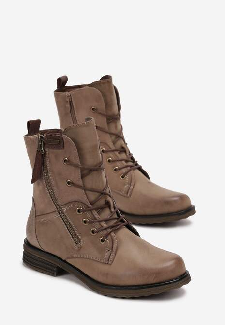 Ciemnobeżowe Botki Sznurowane z Zamkiem Hiyab