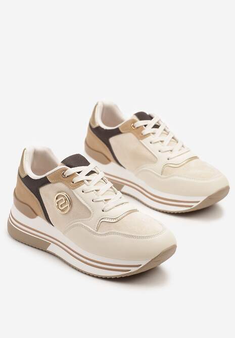 Beżowe Sneakersy na Platformie z Metaliczną Ozdobą Roniane