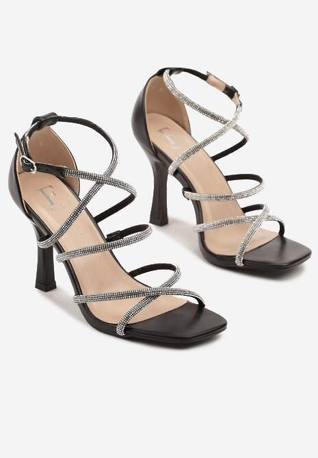 Czarne Sandały Szpilki w Eleganckim Stylu Zdobione Cyrkoniami Fanireas