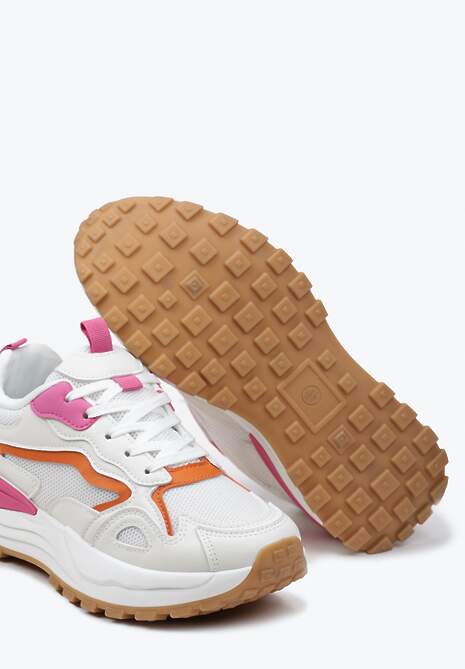 Beżowo-Różowo Sneakersy na Niskiej Platformie z Siateczką z Ozdobnymi Wstawkami Lelphine