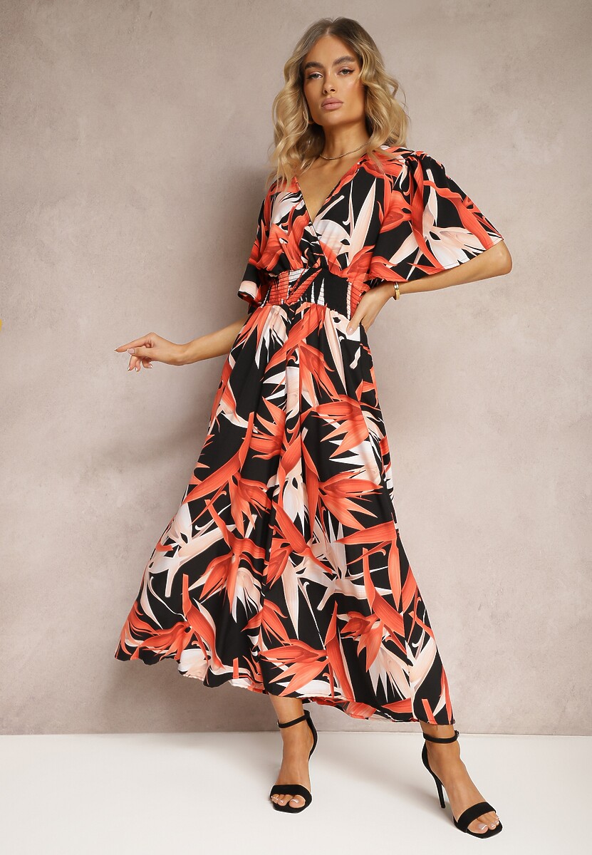 Czarno-Pomarańczowa Kopertowa Sukienka Wiązana na Plecach z Gumką w Talii Jeteri