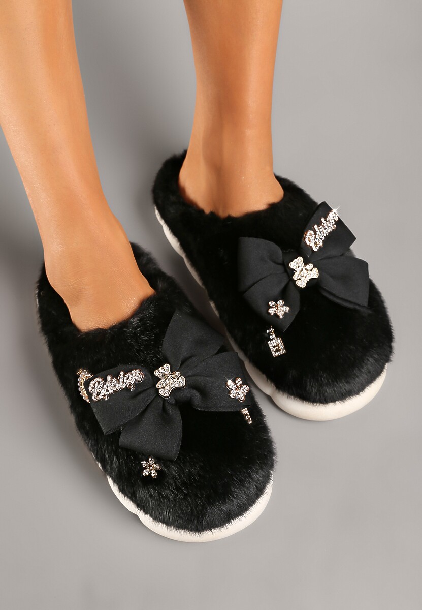 Beżowe Kapcie na Płaskiej Podeszwie z Futerkiem Kokardą i Cyrkoniami Mianoria