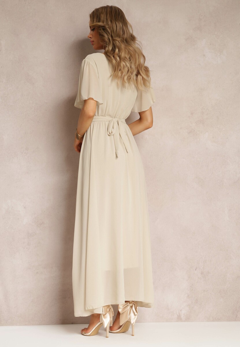 Beżowa Rozkloszowana Sukienka z Kopertowym Dekoltem Obillis