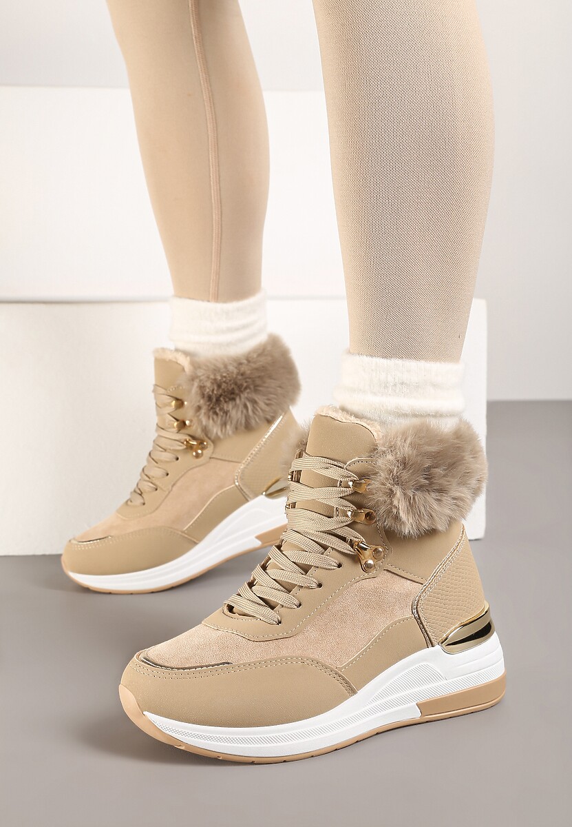 Ciemnobeżowe Futerkowe Sneakersy na Koturnie z Metalicznymi Wstawkami Kaithrin