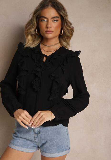 Czarna Bluzka z Wiskozy Ozdobiona Falbankami i Wiązaniem Fonoriel